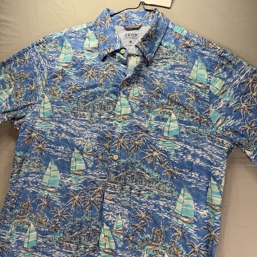 Izod Saltwater Shirt Mens Medium Blue Button Up Short Sleeve Cotton Sail Boats